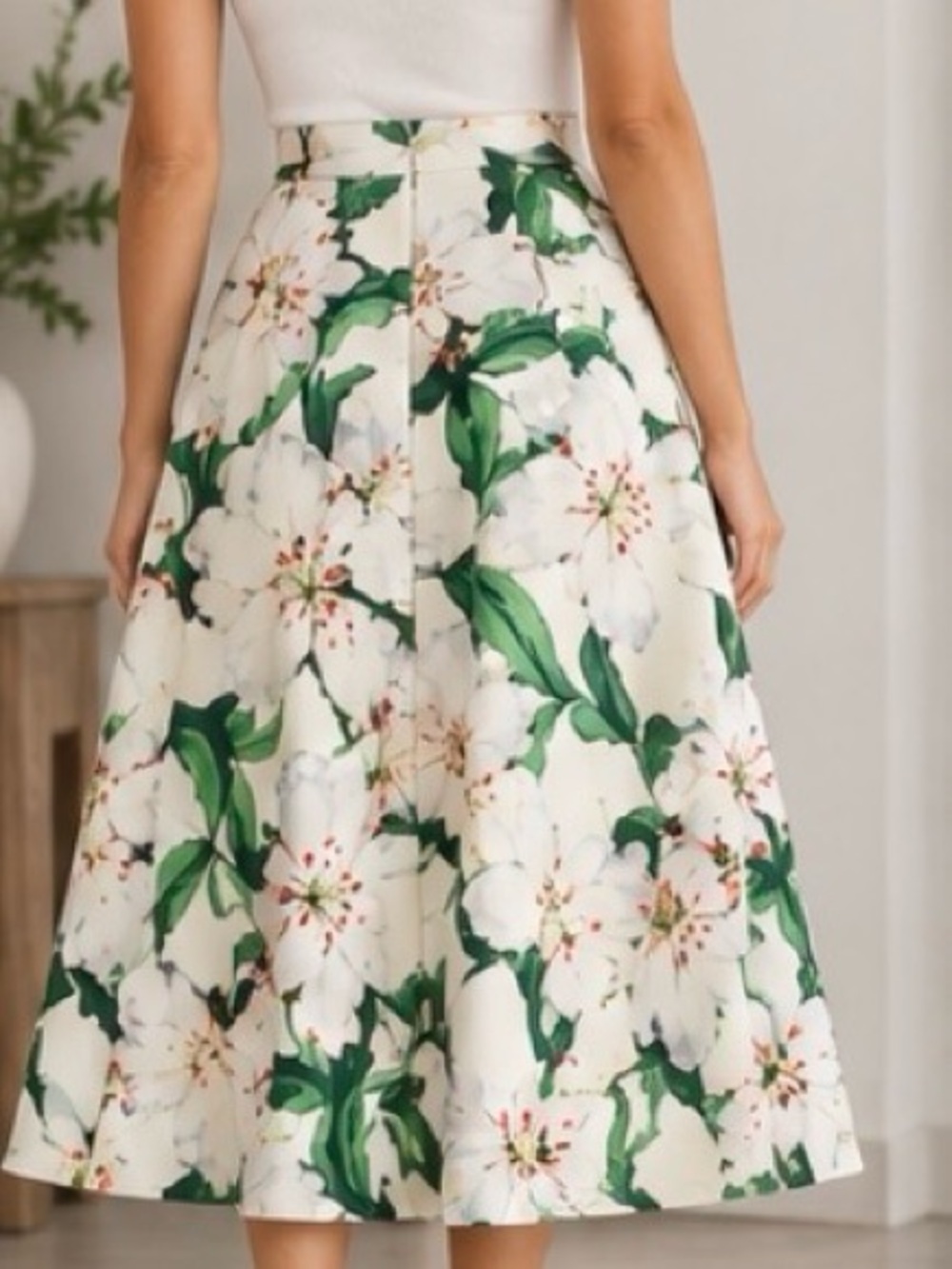 Chicwish White Floral Midi Skirt with Green Leaves - Picture 2 of 8